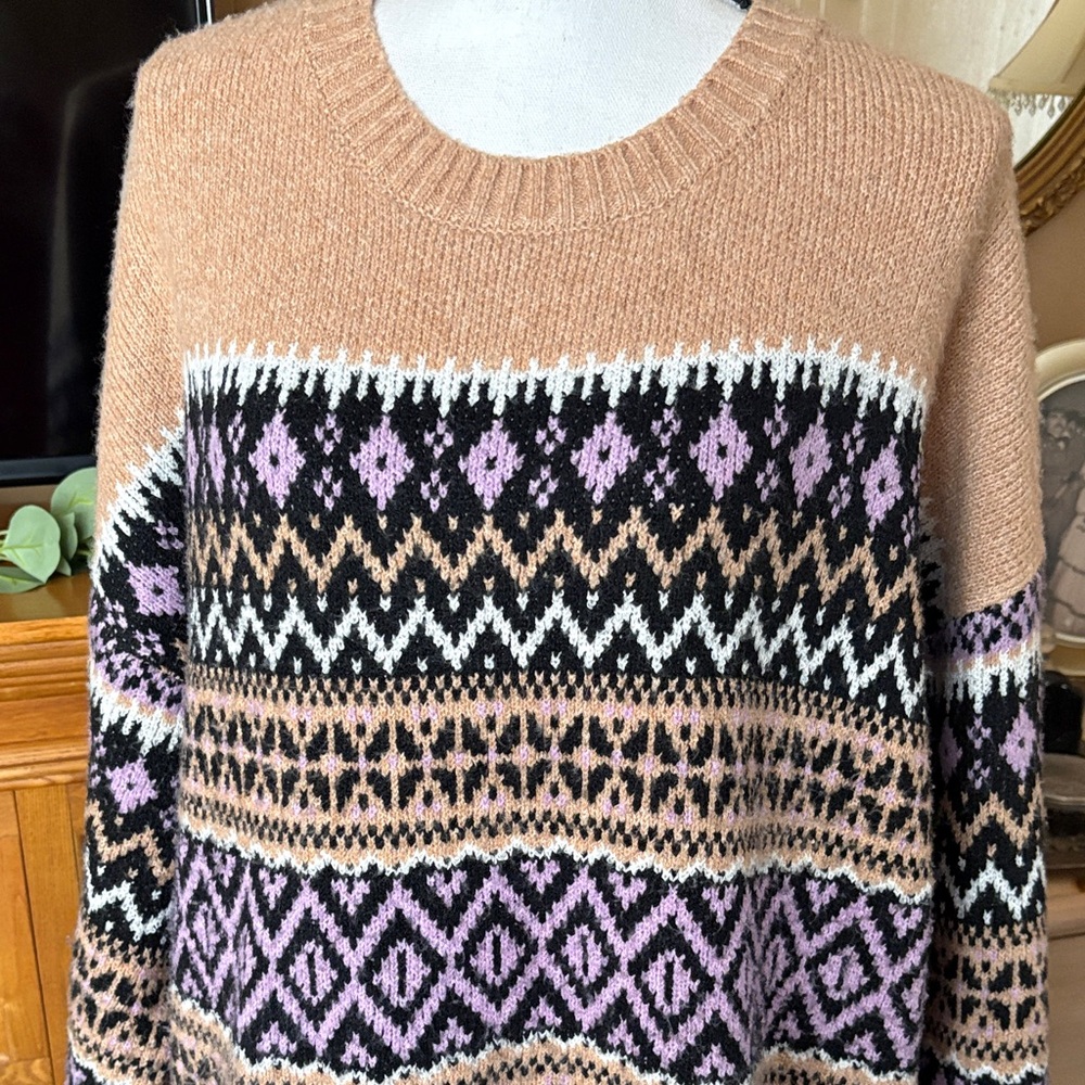 Patterned Tan and Purple Women's Sweater